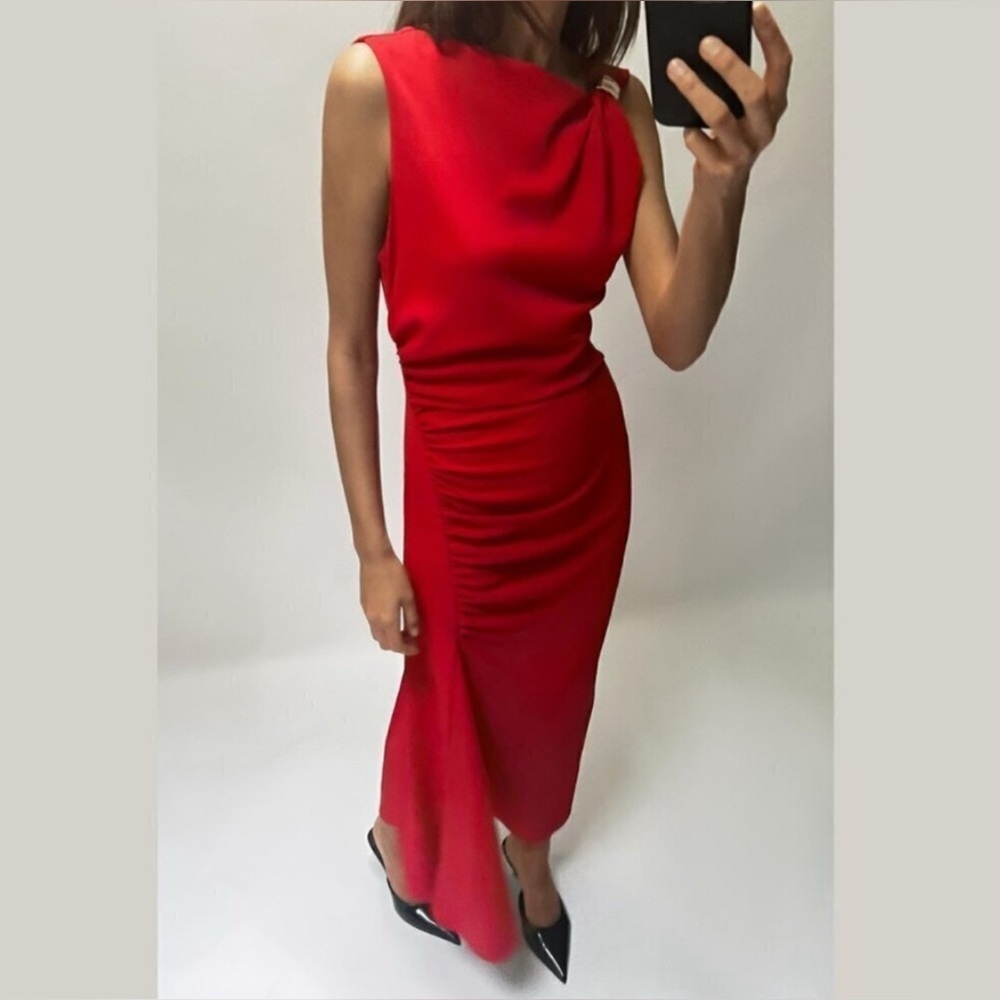 NWT Zara Gold Appliqué Red Midi Evening Dress  Size XS
